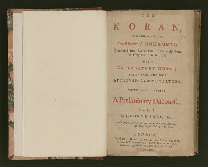 Jefferson's Koran at the Library of Congress. George Sale, trans. (1697–1736). The Koran, Commonly Called the Alcoran of Mohammed, Translated into English Immediately from the Original Arabic; . . . 2 vols. London, 1764. Rare Book and Special Collections Division, Library of Congress. (S. 1457) (27.00.00)