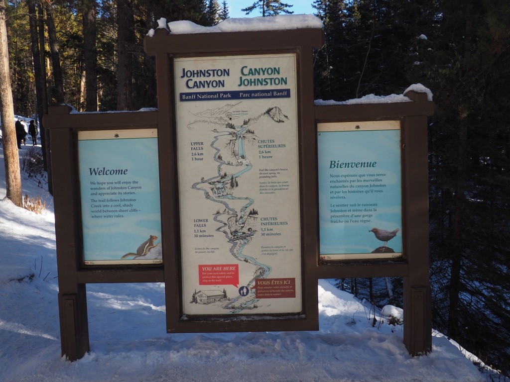 Johnston Canyon welcome sign and guide to trails