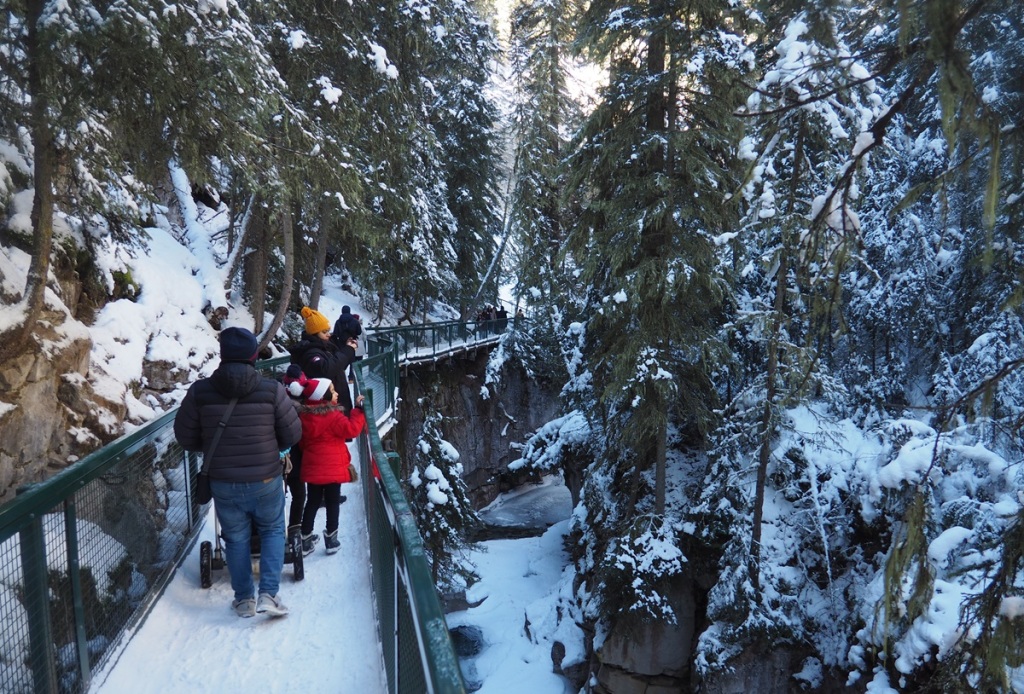 A trail walk for young and old alike, with a parent pushing a stroller along the Johnston Canyon,