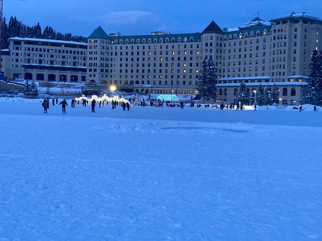 A beautiful view of the Fairmont Chateau Lake Louise from the frozen lake;
