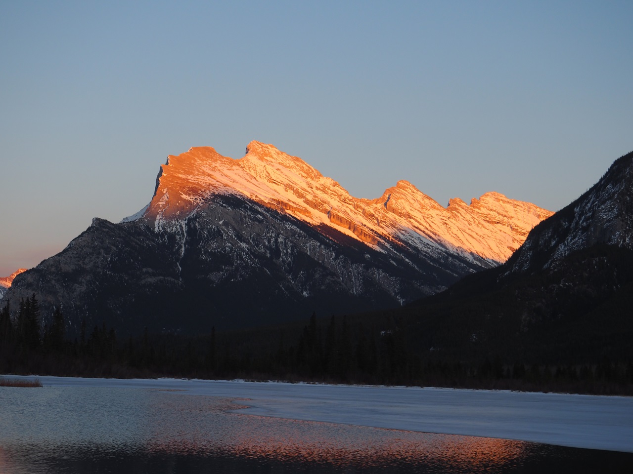 Rundle Mountain at sunset from the Vermillion Lakes, Banff National Park, March 17, 2024. Photograph: Malik Merchant/Simerg Photos